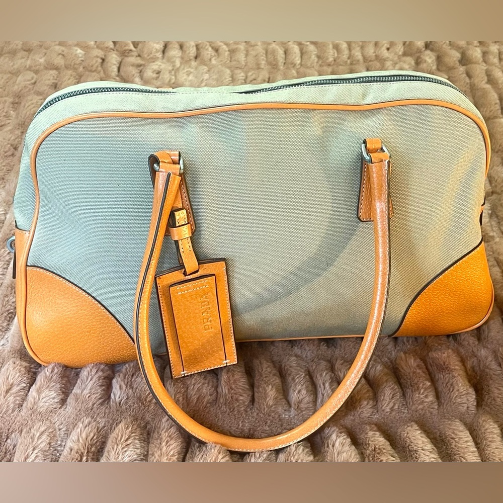 PRADA Canvas Leather Boston Bag. Color beige and orange